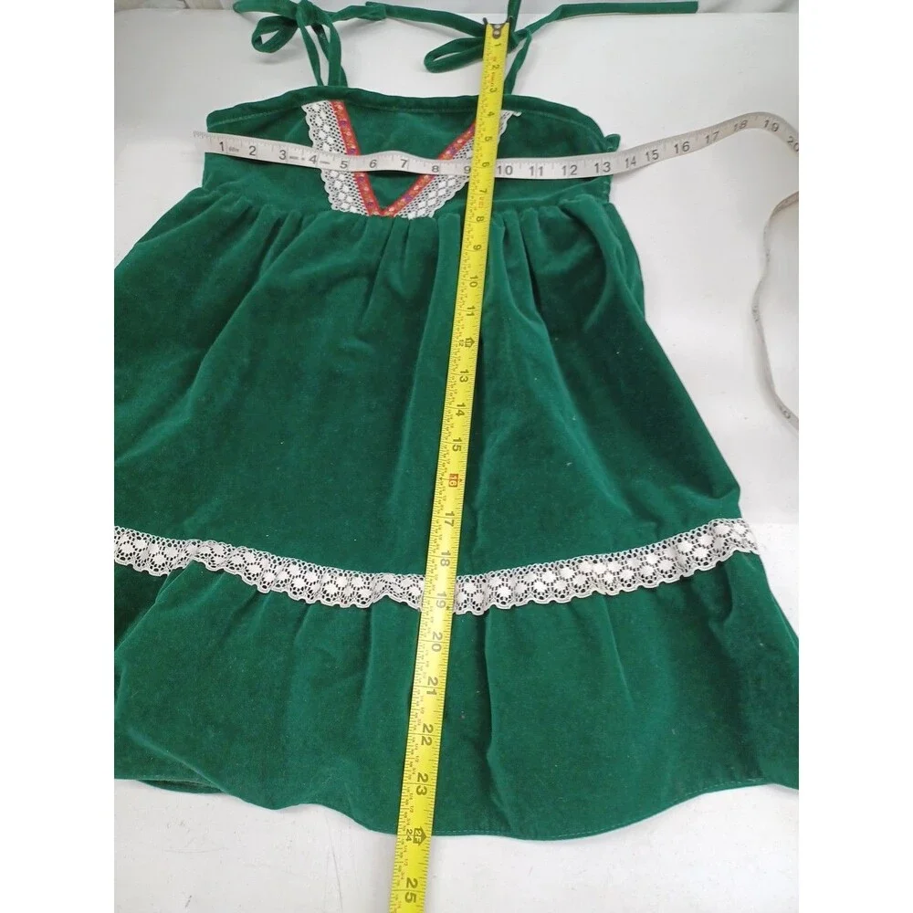 Vtg 60s Girls Emerald Green Velvet Dress Sz 7 Lace Spaghetti Straps Cottagecore - Picture 5 of 6